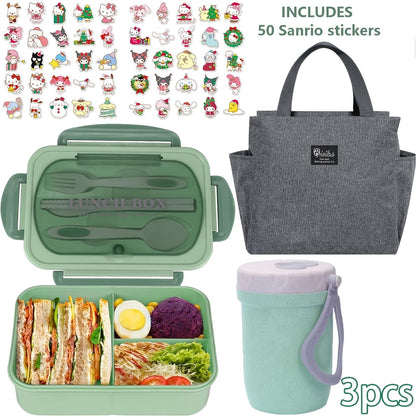 Sanrio Lunch Box Set 53pcs Bento Box with Thermal Bag Breakfast Cup Portable Sealed Compartment Microwave for Work Picnic School