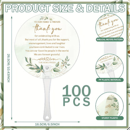 Wedding Hand Fans 100pcs Bulk Plastic Handheld Fans with Handle Greenery Leaf Design Cooling Fans for Ceremony Bridal Shower Party Guests