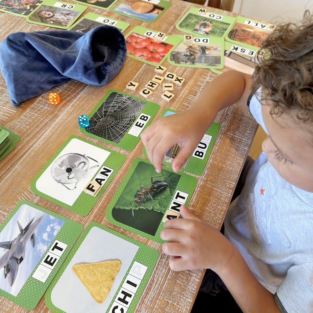 Spelling Flash Card Game for Kids Ages 4-8 – 224 Phonics Sight Word Flashcards, 208 Wood Letter Tiles & Dice