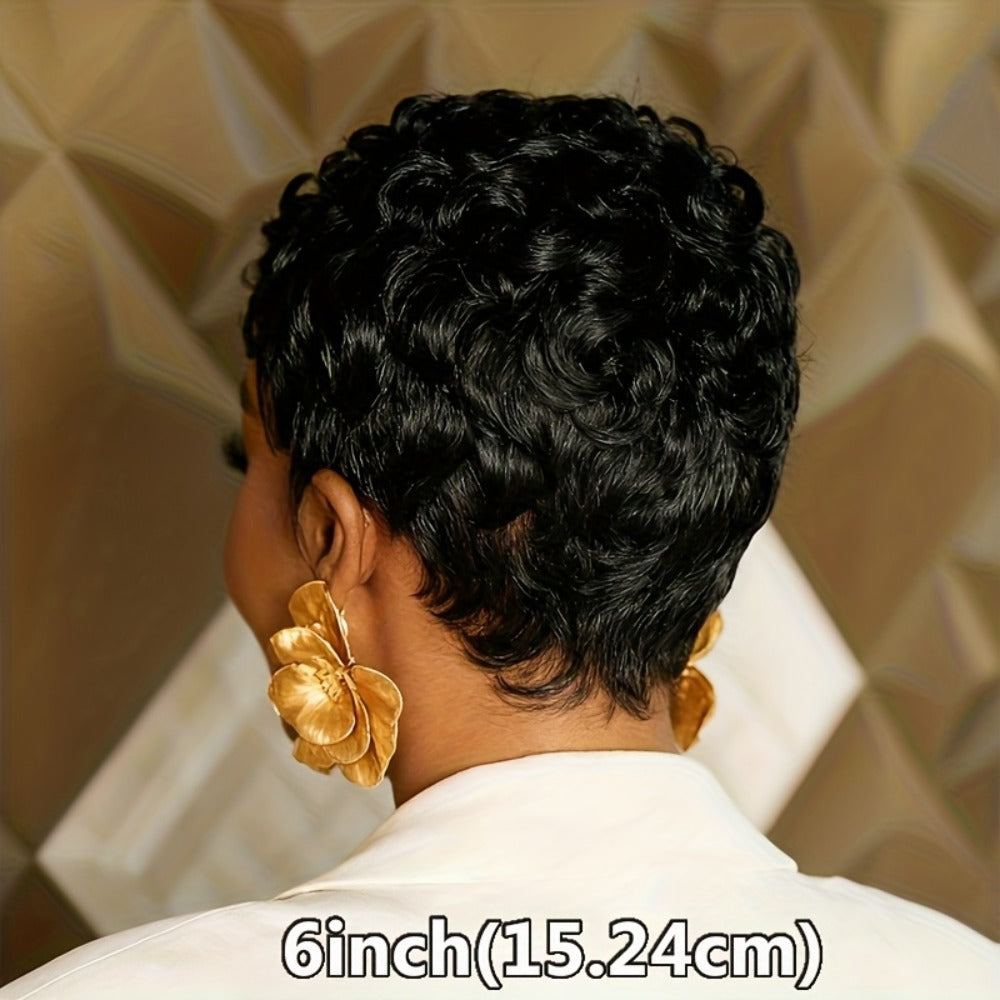 Wig Short Curly Pixie Bob in Natural Black, 6-Inch Human Hair with Bangs and Machine-Made Glueless Cap