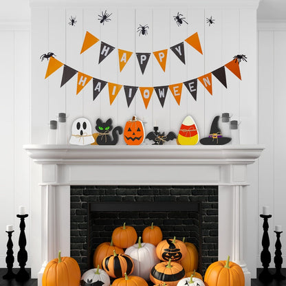 Six-Piece Halloween Freestanding Table Sign Set with Pumpkin, Ghost, Bat, Black Cat, Witch Hat and Candy Corn
