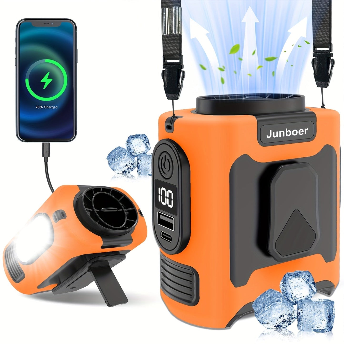 Portable Fan 10000mAh Five-Speed Waist and Neck Model with Dual Clips, LED Flashlight and Power Output