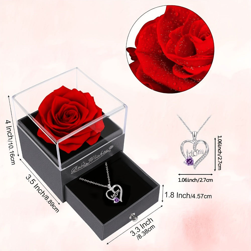 Preserved Real Rose Gift Box with I Love You in 100 Languages Necklace, Romantic Gifts for Girlfriend Wife Mom
