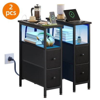 Nightstand Slim One or Two Fabric Drawers with Charging Station, LED Light and Single or Two-Pack Choice