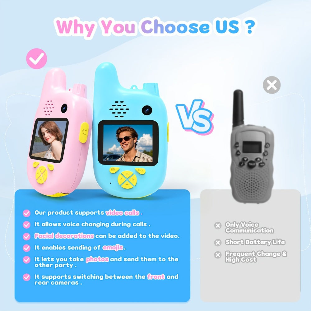 Kids Video Walkie Talkies 2 Pack with Video Call, Voice Changer & Dual Camera, Long Range Outdoor Toy