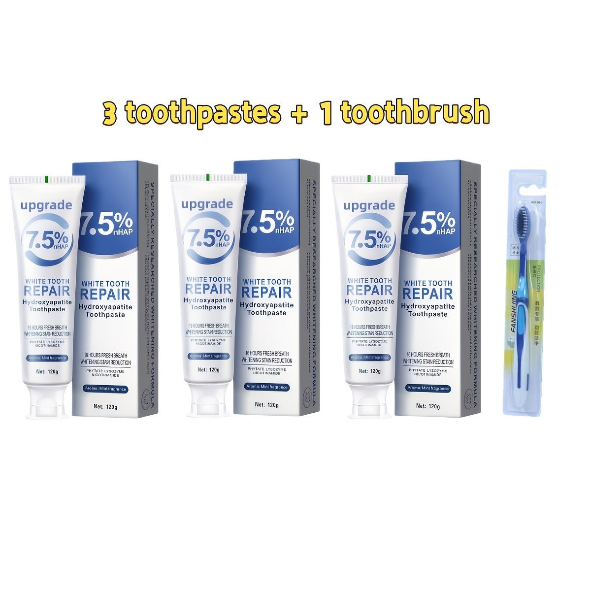 Hydroxyapatite Toothpaste 3-Pack 7.5% Nano Formula Whitening Toothpaste with Toothbrush Teeth for an Everyday Personal Care Routine