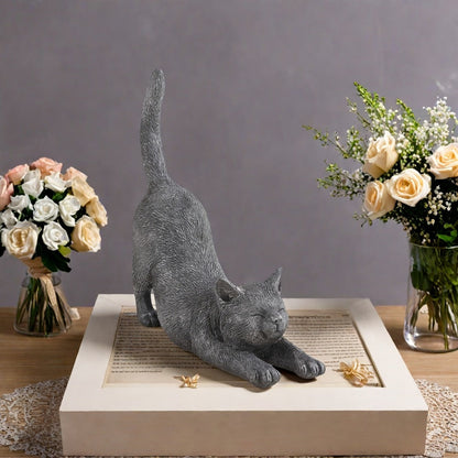 Yoga Cat Statue Hand-Painted Stretching Cat Figurine Grey Resin Decorative Sculpture for Home Office for Garden, Patio and Yard Use