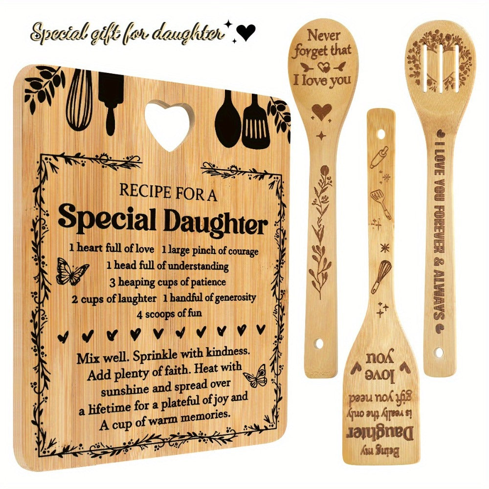Engraved Bamboo Cutting Board Gift Set for Daughter, Recipe for a Special Daughter Kitchen Utensil Set