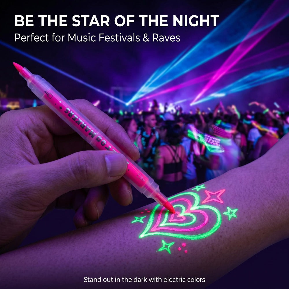 Face Body Paint Pens 18 Colors with Reusable Stencils, Washable Neon Glow in the Dark Skin-Safe Makeup Pens