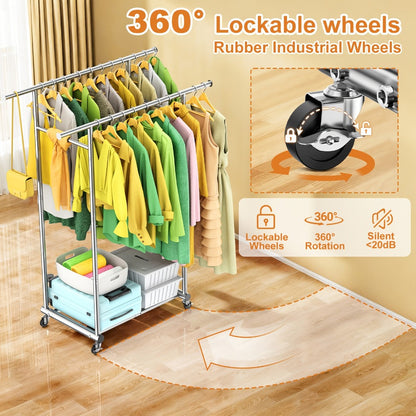 Portable Clothes Rack with Wheels, Double Rod Garment Rack with Shelves & Hooks, Metal Rolling Clothing Rack for Hanging Clothes
