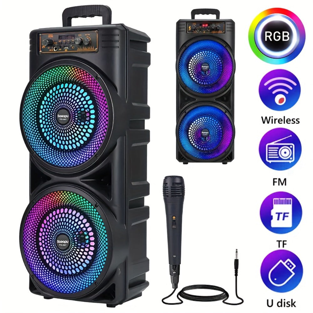 Dual 8.5" Subwoofer Party Speaker 6000W with RGB Lights | Portable Wireless Bluetooth 5.0, TWS Stereo Pairing, FM Radio, Built-in Mic