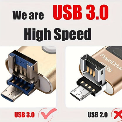 USB Flash Drive 4-in-1 USB 3.0 OTG Photo Drive with 128GB or 256GB Capacity, Four Connectors and Four Colors