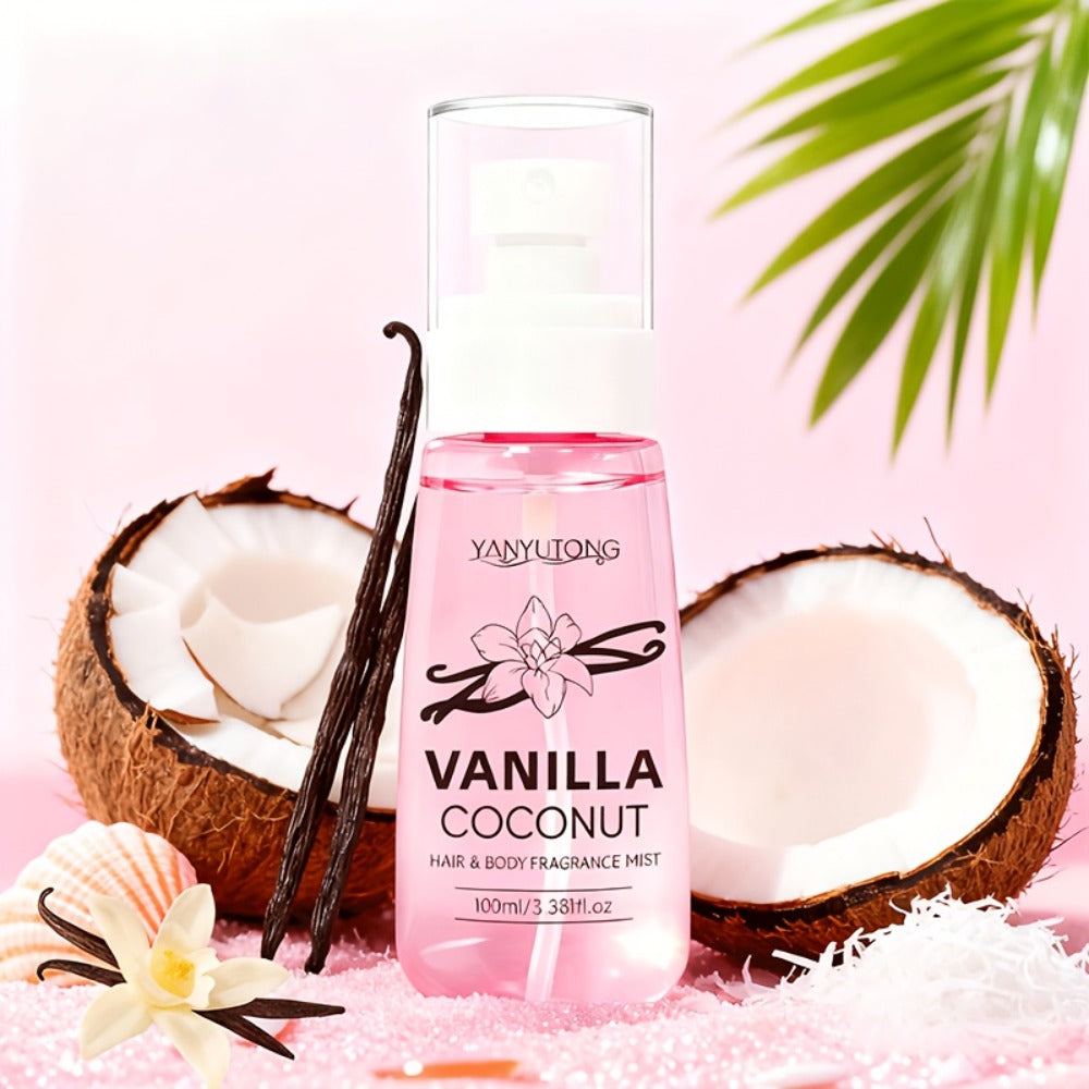Coconut Vanilla Fragrance Mist Hair & Body Spray – Alcohol-Free with Vitamin E, Argan Oil & Glycerin, Moisturizing Long-Lasting Tropical