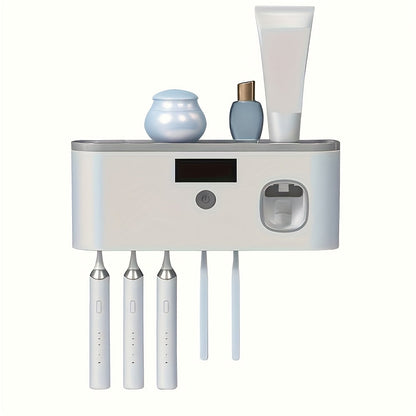 Wall-Mounted Toothbrush Organizer with Four Hanging Slots, Top Tray, Dispensing Port and Two Color Styles