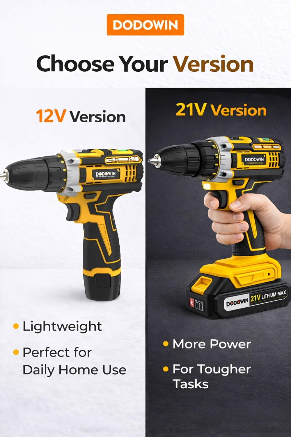 Cordless Impact Drill Set 12V / 21V Electric Drill Kit, 45Nm Torque, 2-Speed, Keyless Chuck, LED Light