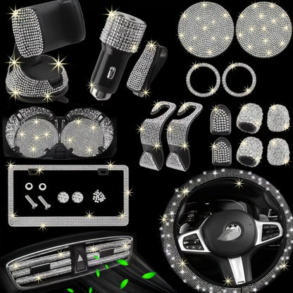27pcs Bling Car Accessories Set for Women – Steering Wheel Cover 15", Car Coasters, License Plate Frame & Phone Holder