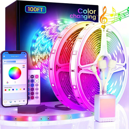 Smart APP Control LED Strip Lights 100FT 2 Rolls of 50FT – RGB Music Sync Color Changing 24V Safe Voltage Remote for Bedroom Living Room