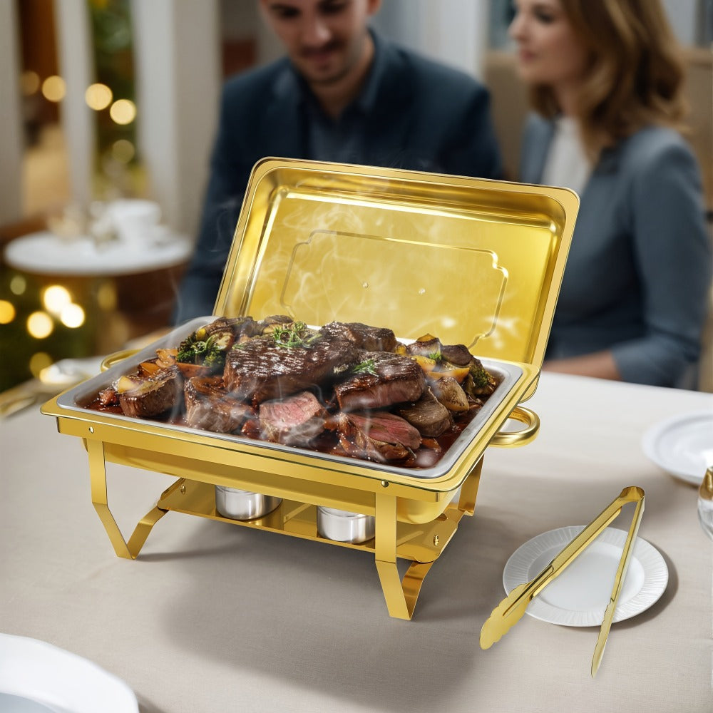 Chafing Dish Buffet Set 8QT Gold - Stainless Steel Food Warmer with Lid Foldable Stand for Entryways, Bedrooms and Living Spaces