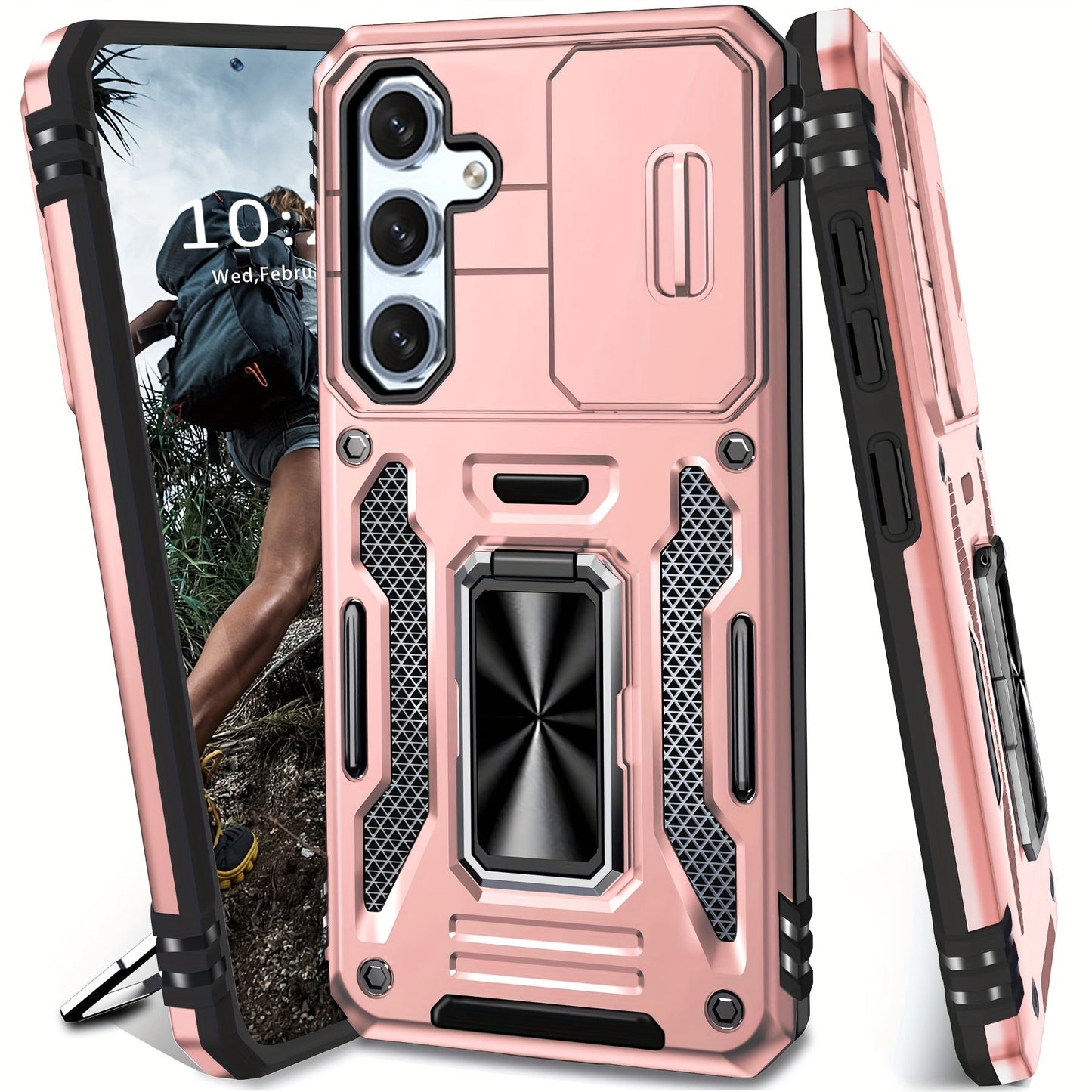 Samsung Galaxy Shockproof Magnetic Phone Case with 360° Rotating Ring Bracket & Sliding Lens Protector – Heavy Duty Cover for S24FE S23FE