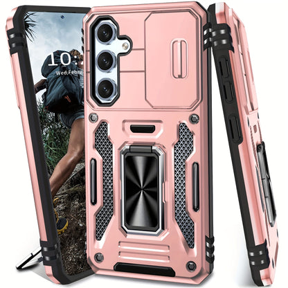 Samsung Galaxy Shockproof Magnetic Phone Case with 360° Rotating Ring Bracket & Sliding Lens Protector – Heavy Duty Cover for S24FE S23FE