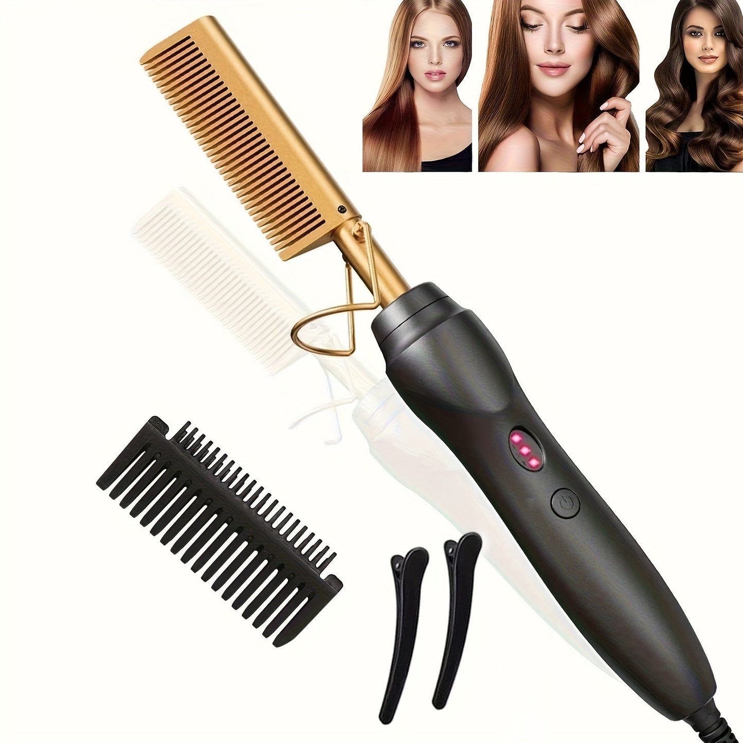 Electric Hot Comb Hair Straightener Ceramic Copper Heating Plate Portable Heat Press Comb for Home, Travel and Salon Hair Styling