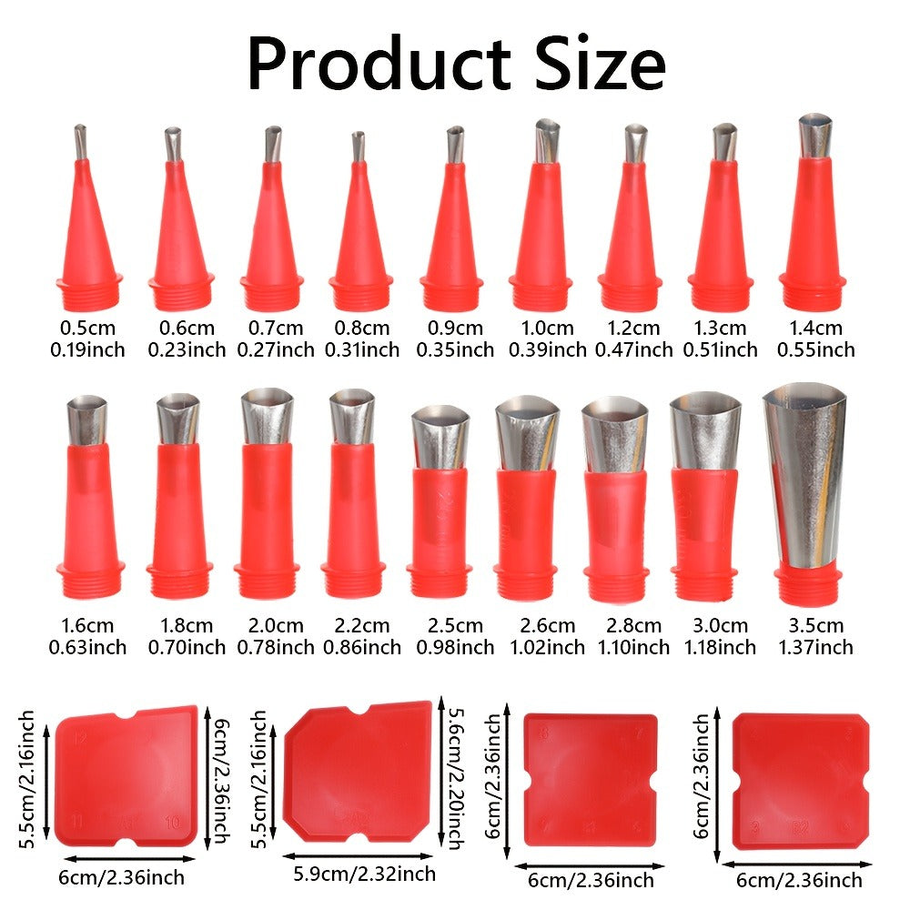 Caulking Tool Kit 30 Piece | 16 Reusable Nozzle Tips 8 Connectors 4 Grout Scrapers Stainless Steel | Caulk Finishing Set for Bathroom