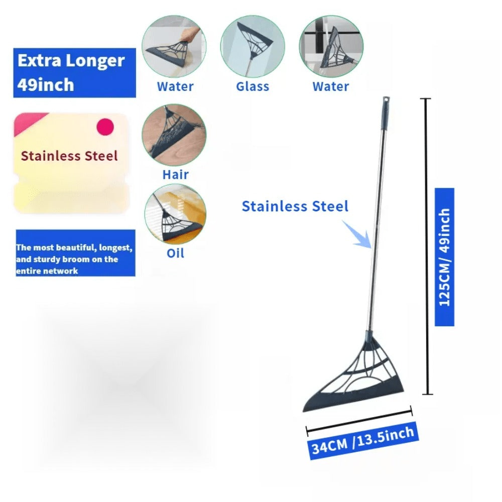 Extra Long Broom 45 Inch – Stainless Steel Handle, Unflagged Bristles, Rubber Sweep for Pet Hair & Debris