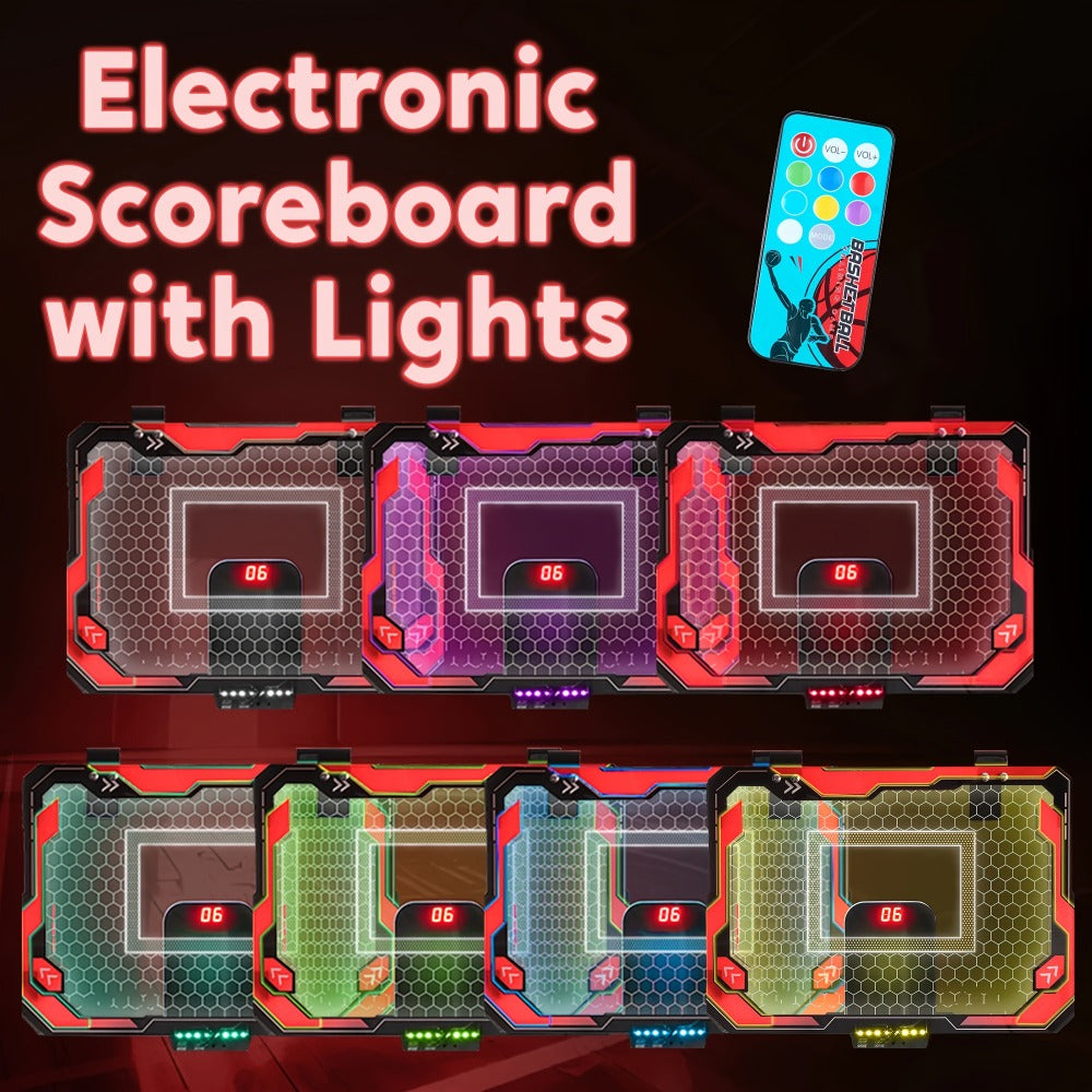 Indoor Basketball Hoop for Kids Over the Door, Light Up LED Scoreboard 4 Balls Air Pump 3 Game Modes 7 Light Shows