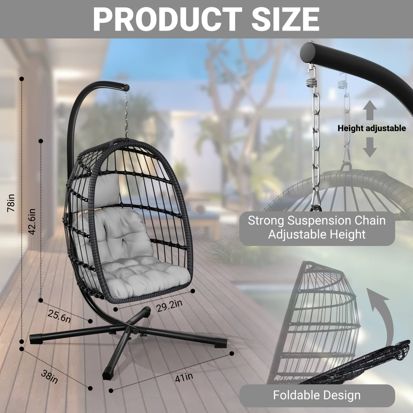 Outdoor Egg Chair with Stand Rattan Wicker Hanging Swing Hammock Chair Thickened Aluminum Frame UV-Resistant Cushion 350LBS Capacity Patio