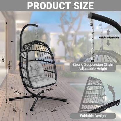 Outdoor Egg Chair with Stand Rattan Wicker Hanging Swing Hammock Chair Thickened Aluminum Frame UV-Resistant Cushion 350LBS Capacity Patio