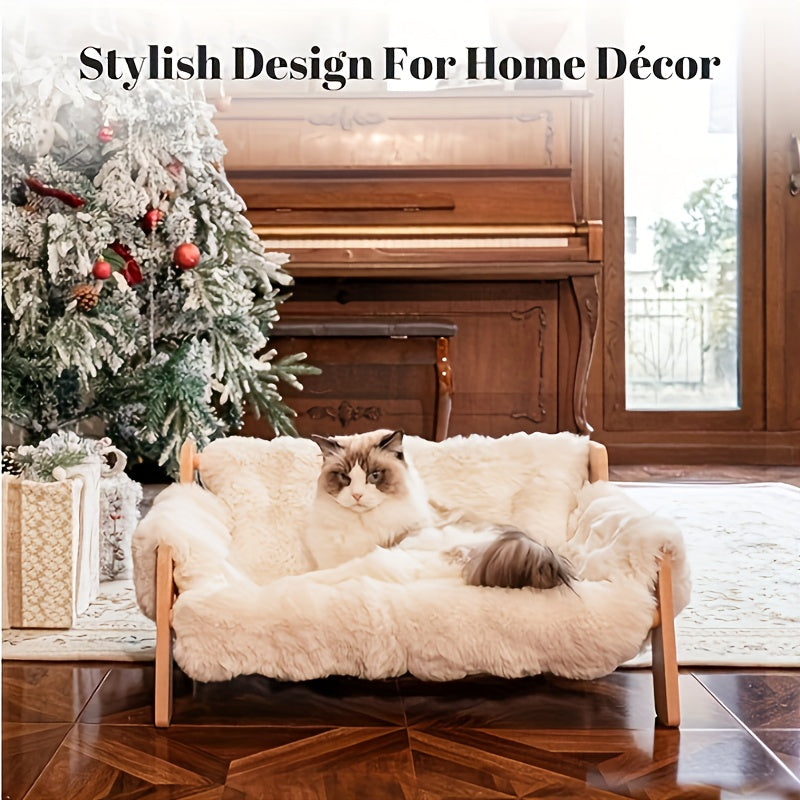 Raised Solid Wood Pet Couch Bed Elevated Modern Cat & Dog Sofa Chair 27x18x12 Inch – Thick Wide Wood Frame Space-Saving Cozy Pet Furniture