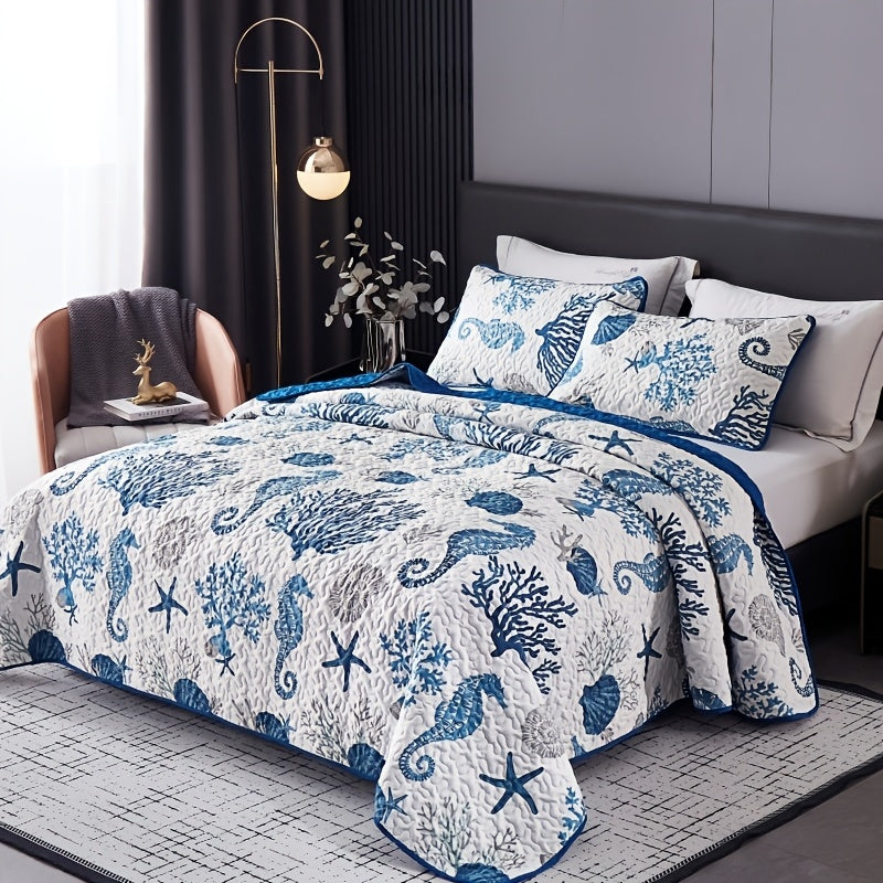 Duvet Cover Set 3 Piece Ocean Style Seahorse Coral Pattern Soft Breathable Microfiber Bedding Set with 2 Pillowcases Machine Washable