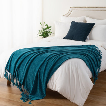 Chenille Fringe Throw Blanket, 180-200gsm Velvety Decorative Throw for Sofa & Couch, Home Decor, 50”×60”
