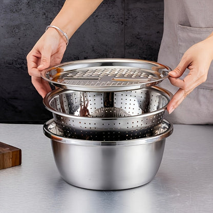Stainless Steel Kitchen Tool Set 3pcs, Built-In Grinder, Colander Filter & Mixing Bowl for Washing