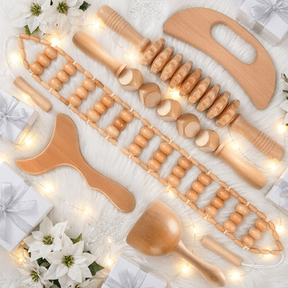 Wooden Massage Tool Set 6pcs Manual Facial Massager Kit with Wood Rollers Pointed Bead Textured Heads for Face Neck Full Body Relaxation