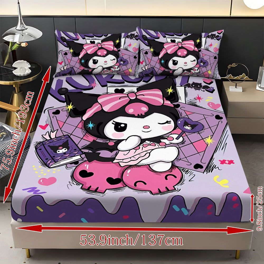 Sanrio Hello Kitty & Kuromi Bedding Set 3pcs, Fitted Sheet & Pillowcases, Polyester, Twin Full Queen King