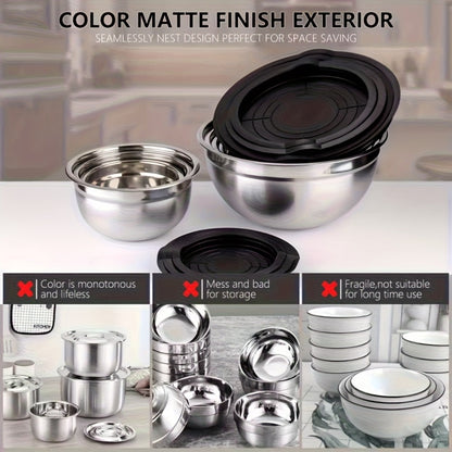 Stainless Steel Mixing Bowls with Airtight Lids Set of 14 Seven Nesting Bowls 0.7 to 4.5QT for Home Cooking, Dining and Outdoor Meals
