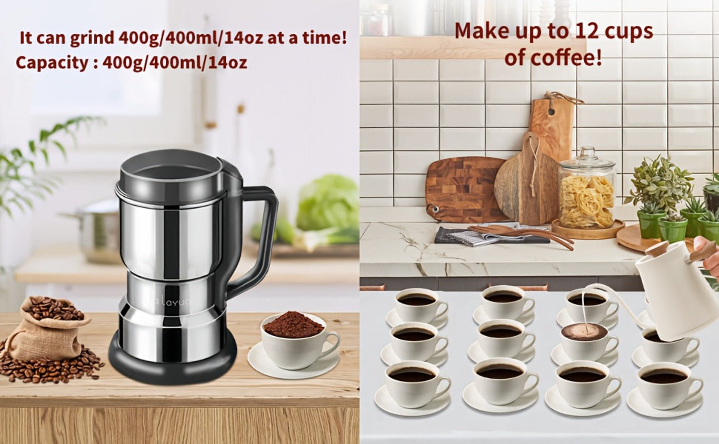 Coffee Bean Grinder 300W 8-Blade Stainless Steel 400g 14oz Large Up to 36 Cups 10-Second for Entryways, Bedrooms and Living Spaces