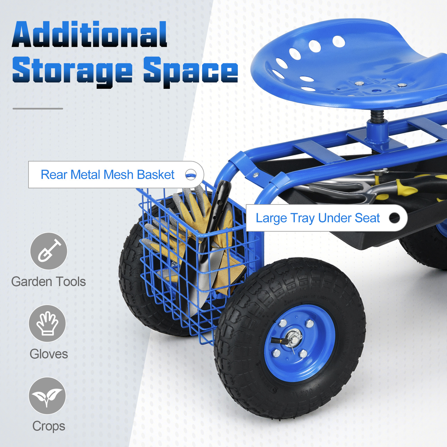 Rolling Garden Cart with Adjustable Swivel Seat, 10" Pneumatic Tires, Storage Basket & Tool Tray