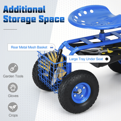 Rolling Garden Cart with Adjustable Swivel Seat, 10" Pneumatic Tires, Storage Basket & Tool Tray