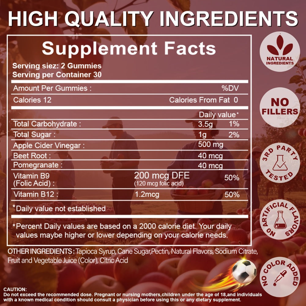 Apple Cider Vinegar Gummies with Pomegranate, Beet Juice & Vitamin B12, Keto ACV Gummies for Weight Management