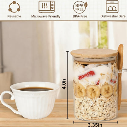Overnight Oats Jars with Bamboo Lids & Spoons, 500ml Glass Meal Prep Containers, Dessert Bowl Set for Chia Pudding