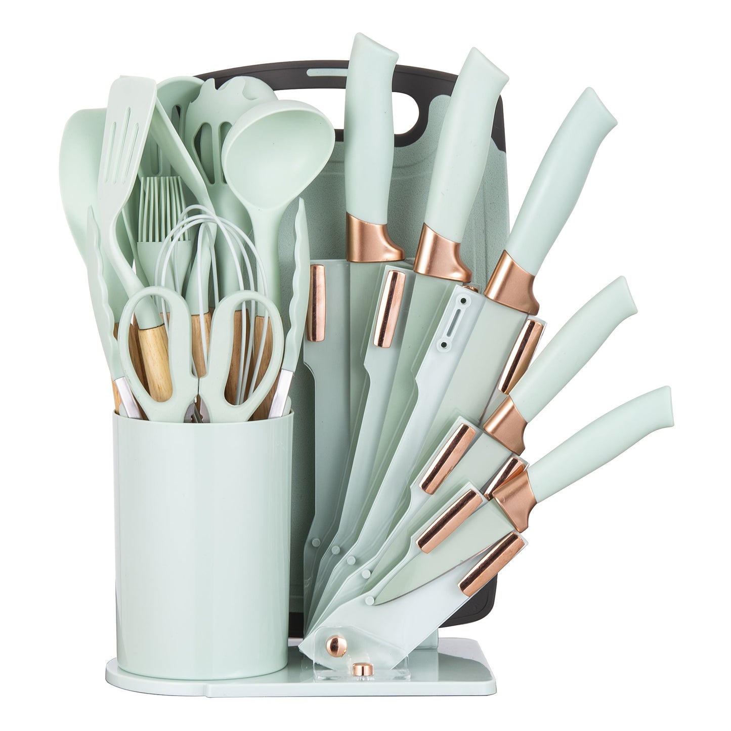 Kitchen Knife Set 19-Piece with Stainless Steel Blades, Wood Handles, Silicone Utensils, Board, Shears and Holder