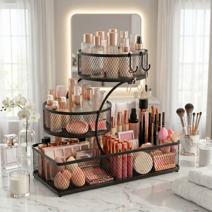 Three-Tier Metal Mesh Countertop Organizer with Black or White Finish and Optional Hooks or Spray Bottles
