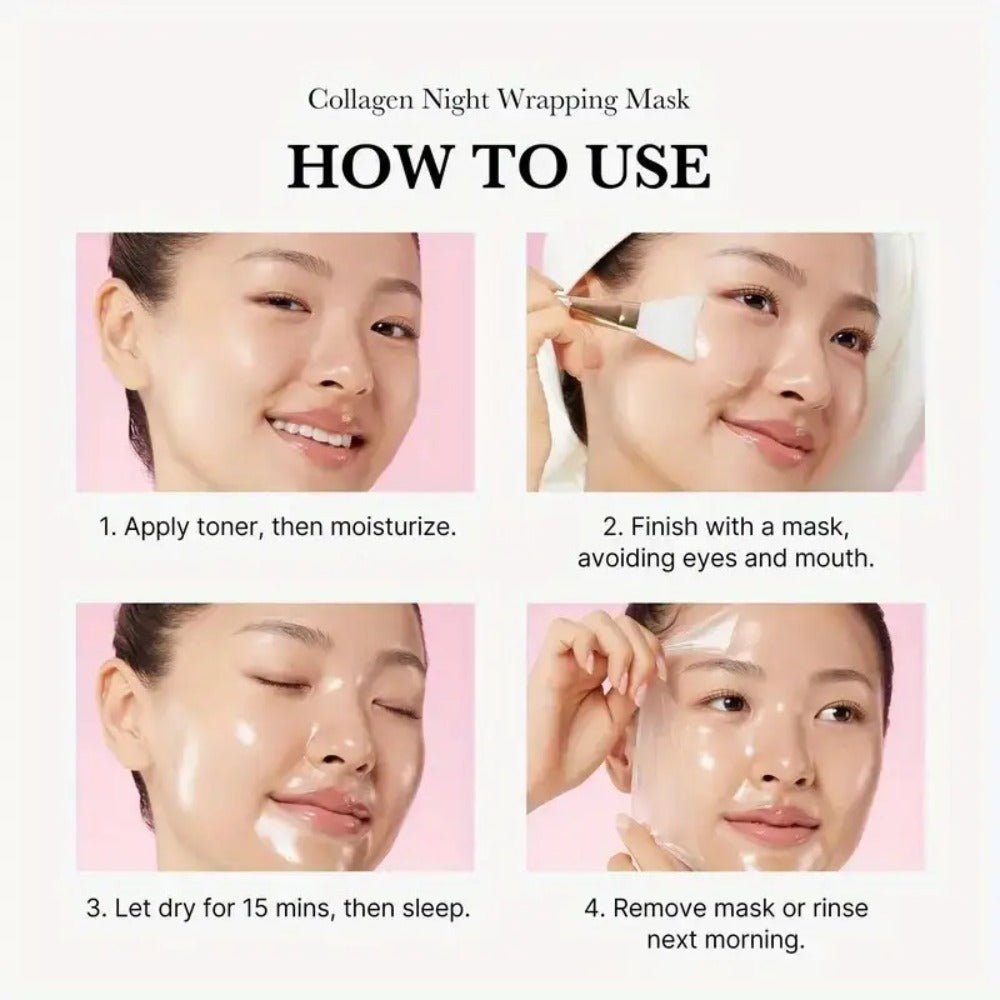 Collagen Night Wrap Mask with Jelly Brush 3pcs Hyaluronic Acid Deeply Moisturizing Nourishing Overnight Glossy Sleeping Mask for Women