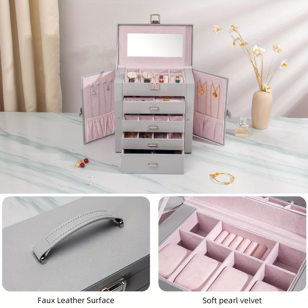 Jewelry Box, Five-Tier PU-Leather Organizer with Built-In Mirror, Key Lock and Three Color Options