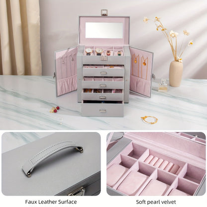 Jewelry Box, Five-Tier PU-Leather Organizer with Built-In Mirror, Key Lock and Three Color Options