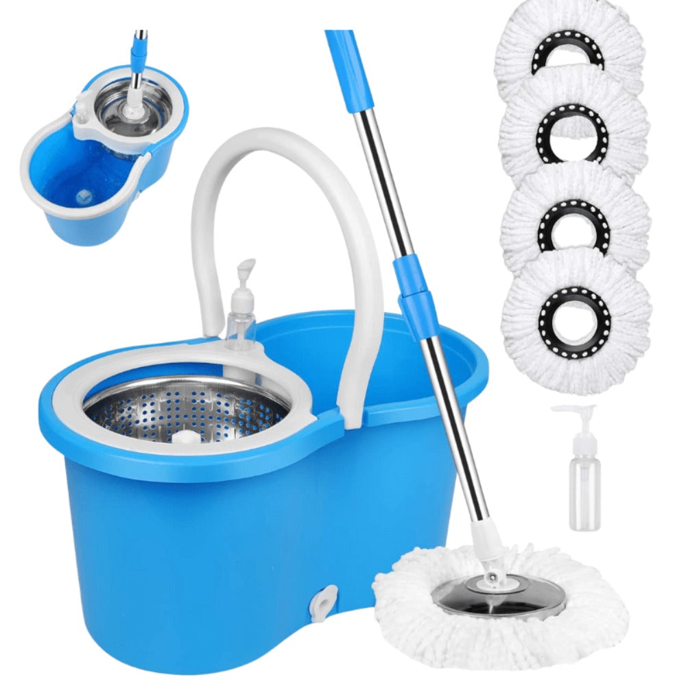 360 Spin Mop and Bucket Set with Wringer – Stainless Steel Extended Handle Spinning Mop Bucket System with Microfiber Mop Refills