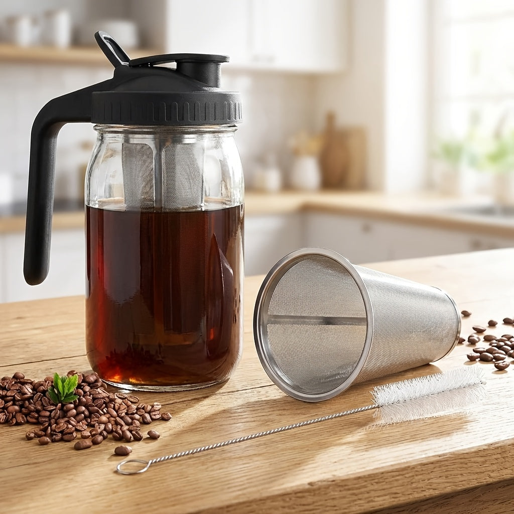Cold Brew Coffee Maker with Stainless Steel Filter & Cleaning Brush – Large Capacity Glass Mason Jar Pitcher for Home, Kitchen