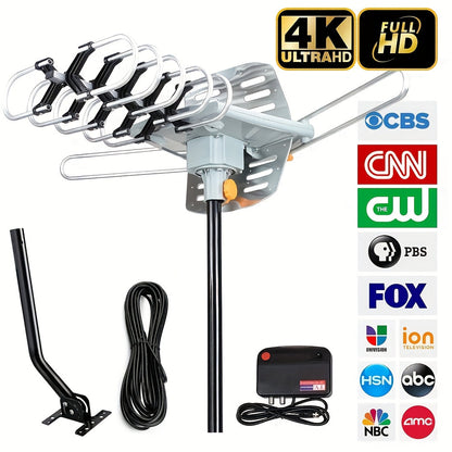 Amplified Outdoor TV Antenna 150 Mile Range, Motorized 360° Rotation, UHF VHF 4K 1080P, Wireless Remote